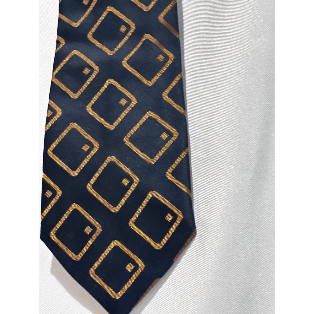 Vintage Countess Helena Mens‎ Navy Gold Metallic Geometric Square Necktie Tie